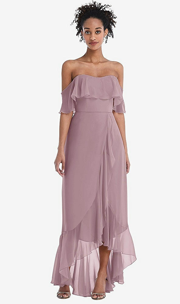 Front View - Dusty Rose Off-the-Shoulder Ruffled High Low Maxi Dress