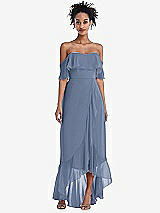 Front View Thumbnail - Larkspur Blue Off-the-Shoulder Ruffled High Low Maxi Dress