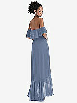 Rear View Thumbnail - Larkspur Blue Off-the-Shoulder Ruffled High Low Maxi Dress
