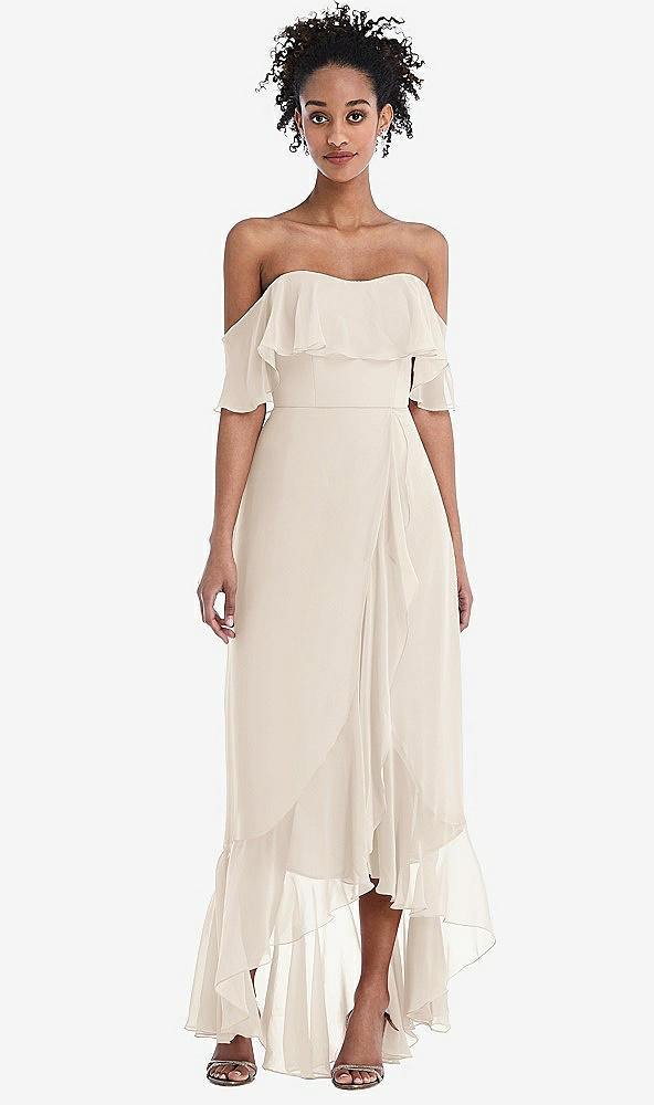 Front View - Oat Off-the-Shoulder Ruffled High Low Maxi Dress