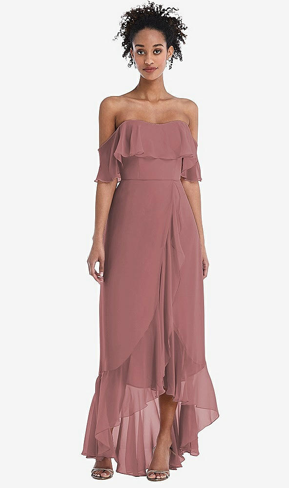 Front View - Rosewood Off-the-Shoulder Ruffled High Low Maxi Dress