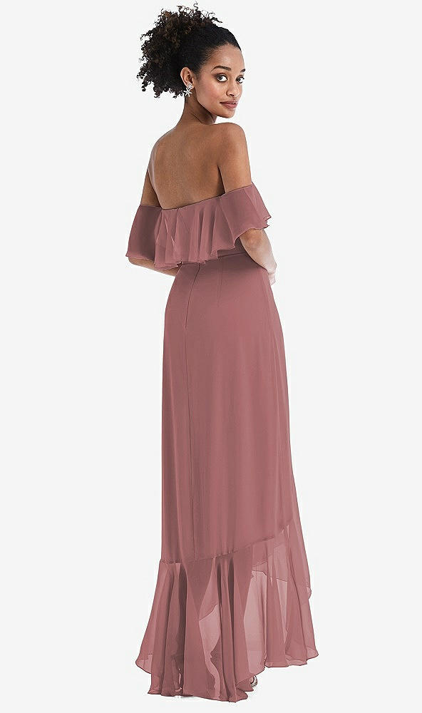 Back View - Rosewood Off-the-Shoulder Ruffled High Low Maxi Dress