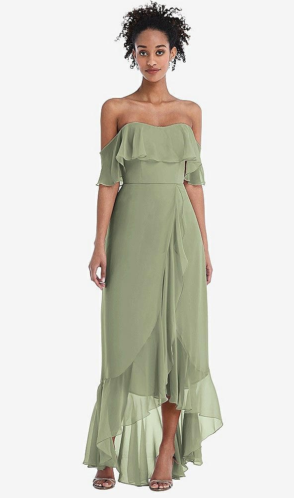 Front View - Sage Off-the-Shoulder Ruffled High Low Maxi Dress