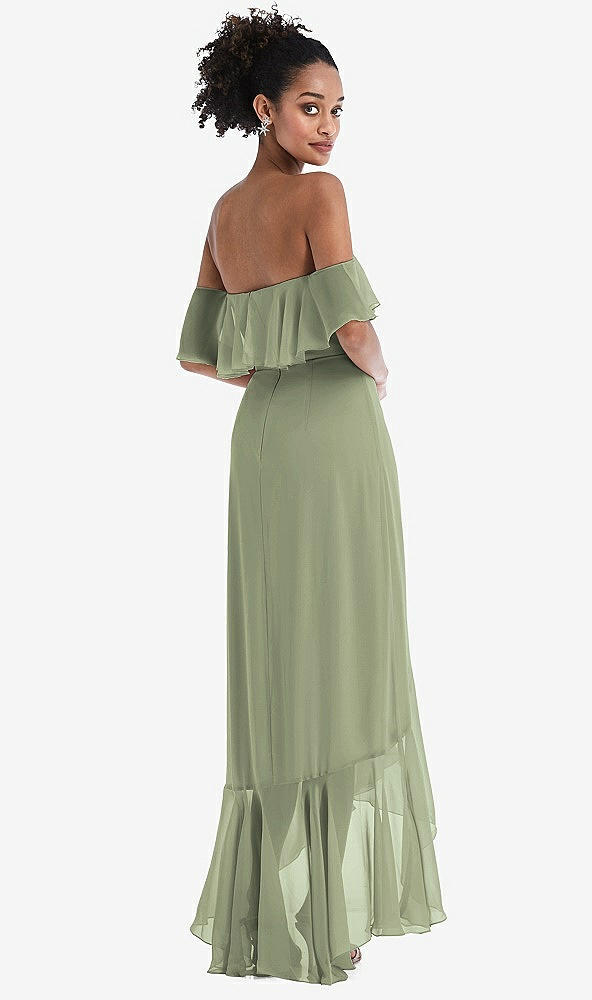 Back View - Sage Off-the-Shoulder Ruffled High Low Maxi Dress