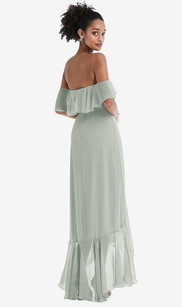 Back View - Willow Green Off-the-Shoulder Ruffled High Low Maxi Dress