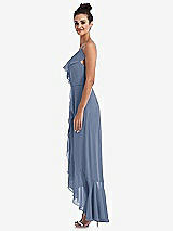 Side View Thumbnail - Larkspur Blue Ruffle-Trimmed V-Neck High Low Wrap Dress