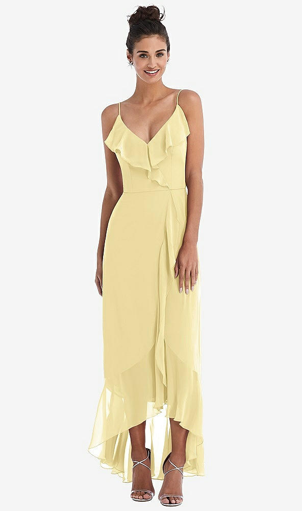 Front View - Pale Yellow Ruffle-Trimmed V-Neck High Low Wrap Dress