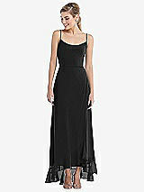 Front View Thumbnail - Black Scoop Neck Ruffle-Trimmed High Low Maxi Dress