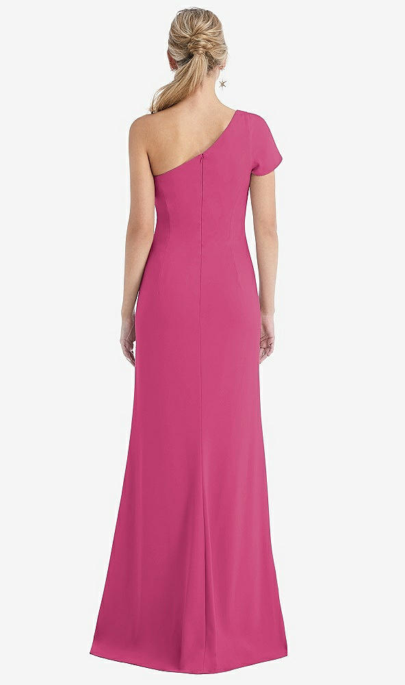 Back View - Tea Rose One-Shoulder Cap Sleeve Trumpet Gown with Front Slit