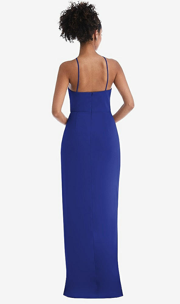 Back View - Cobalt Blue Halter Draped Tulip Skirt Maxi Dress