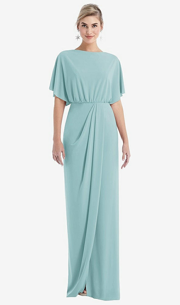 Front View - Canal Blue Open-Back Three-Quarter Sleeve Draped Tulip Skirt Maxi Dress