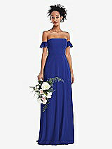 Alt View 1 Thumbnail - Cobalt Blue Off-the-Shoulder Ruffle Cuff Sleeve Chiffon Maxi Dress