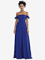 Front View Thumbnail - Cobalt Blue Off-the-Shoulder Ruffle Cuff Sleeve Chiffon Maxi Dress