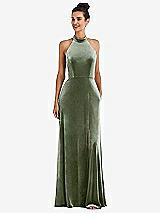Front View Thumbnail - Sage High-Neck Halter Velvet Maxi Dress with Front Slit