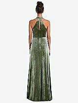Rear View Thumbnail - Sage High-Neck Halter Velvet Maxi Dress with Front Slit