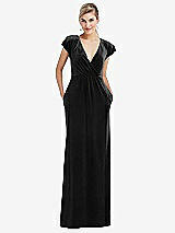 Front View Thumbnail - Black Flutter Sleeve Wrap Bodice Velvet Maxi Dress with Pockets