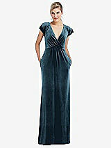 Front View Thumbnail - Dutch Blue Flutter Sleeve Wrap Bodice Velvet Maxi Dress with Pockets