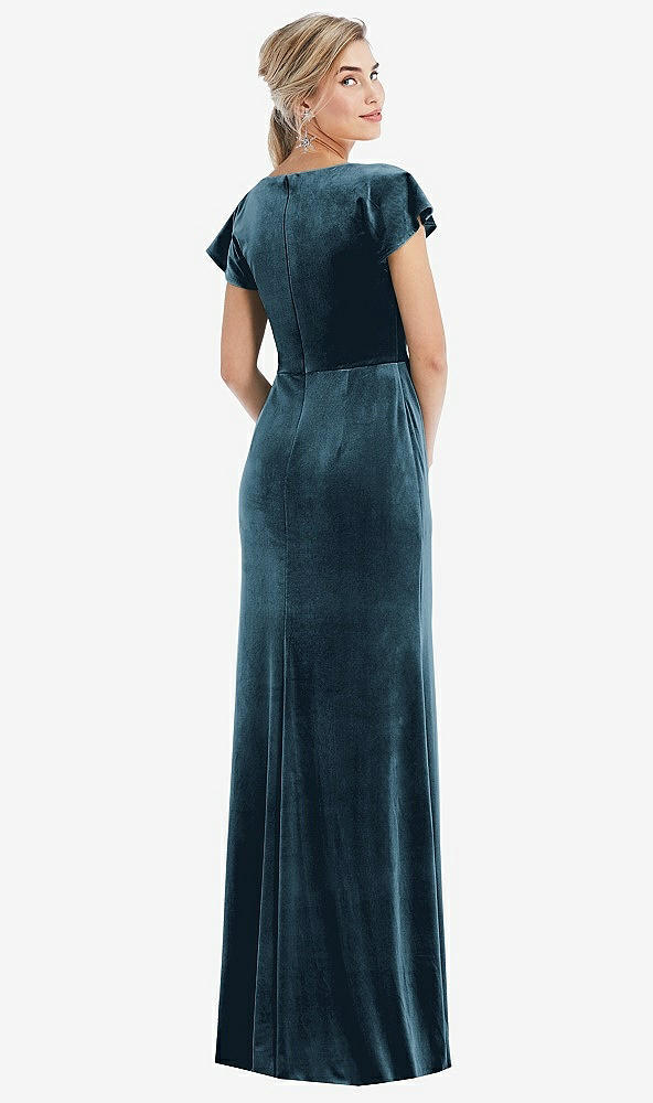 Back View - Dutch Blue Flutter Sleeve Wrap Bodice Velvet Maxi Dress with Pockets