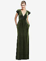 Front View Thumbnail - Olive Green Flutter Sleeve Wrap Bodice Velvet Maxi Dress with Pockets