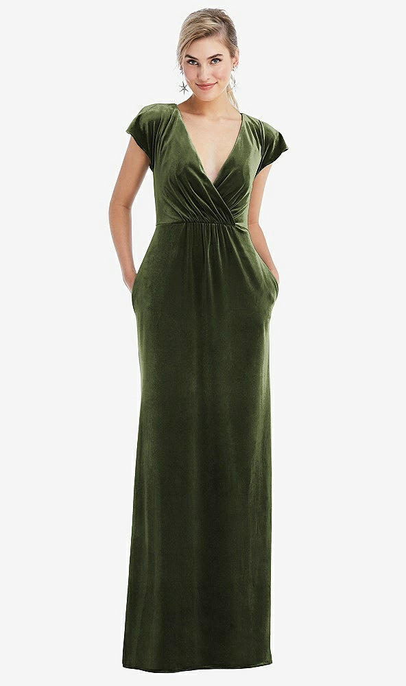 Front View - Olive Green Flutter Sleeve Wrap Bodice Velvet Maxi Dress with Pockets