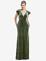 Front View Thumbnail - Sage Flutter Sleeve Wrap Bodice Velvet Maxi Dress with Pockets
