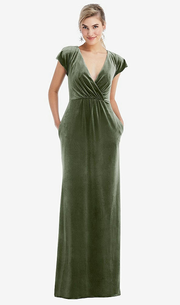 Front View - Sage Flutter Sleeve Wrap Bodice Velvet Maxi Dress with Pockets