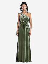 Front View Thumbnail - Sage One-Shoulder Draped Velvet Maxi Dress