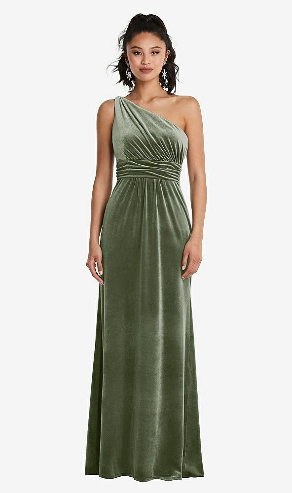 Front View - Sage One-Shoulder Draped Velvet Maxi Dress