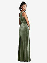 Rear View Thumbnail - Sage One-Shoulder Draped Velvet Maxi Dress