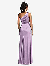Rear View Thumbnail - Wood Violet One-Shoulder Draped Satin Maxi Dress