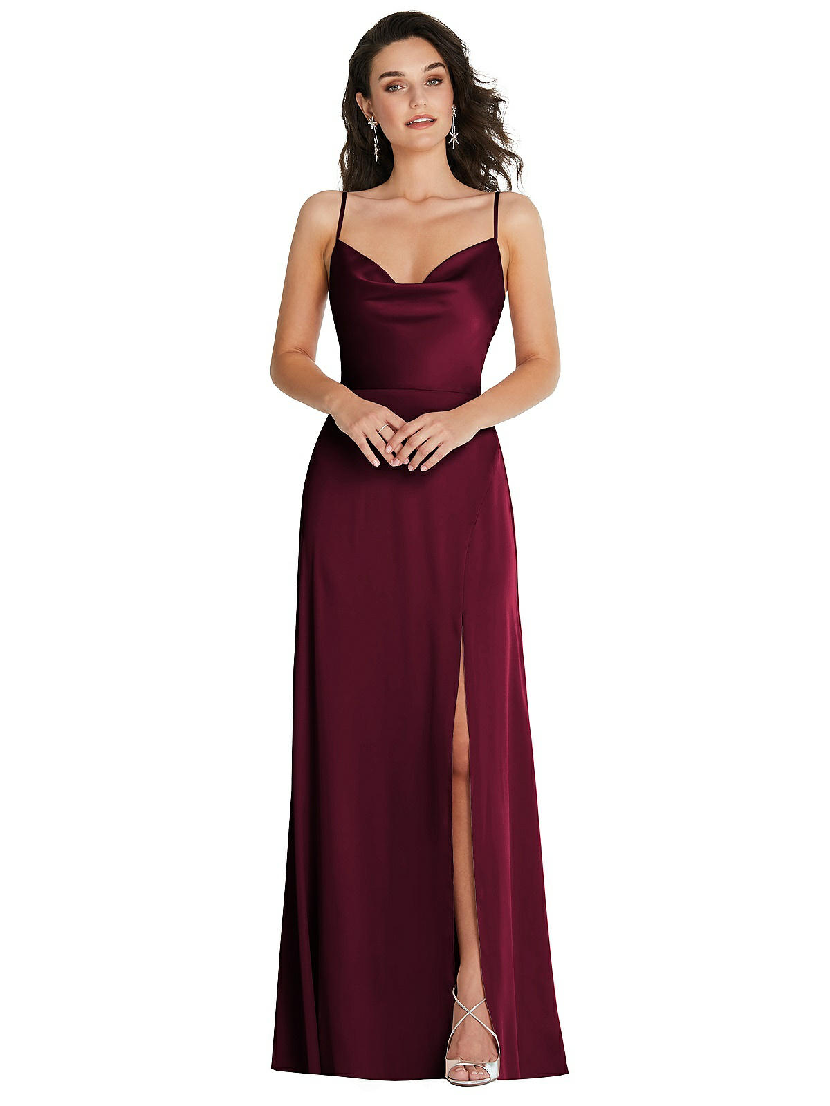 B. Darlin Cowl Neck Front Slit Bow Back Shirred Long Dress