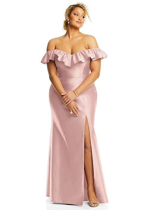 Off-the-Shoulder Ruffle Neck Satin Trumpet Gown