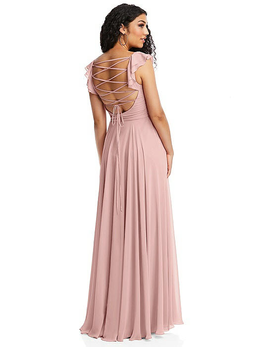 Shirred Cross Bodice Lace Up Open-Back Maxi Dress with Flutter Sleeves