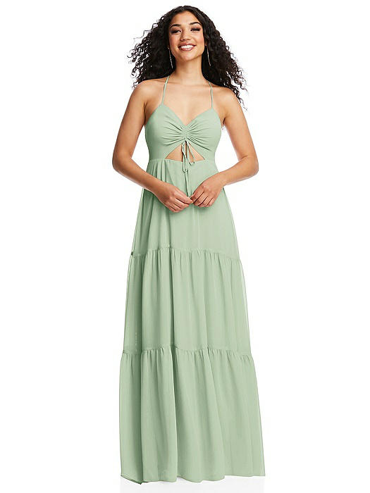 Drawstring Bodice Gathered Tie Open-Back Maxi Dress with Tiered Skirt