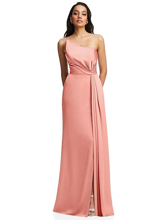 One-Shoulder Draped Skirt Satin Trumpet Gown