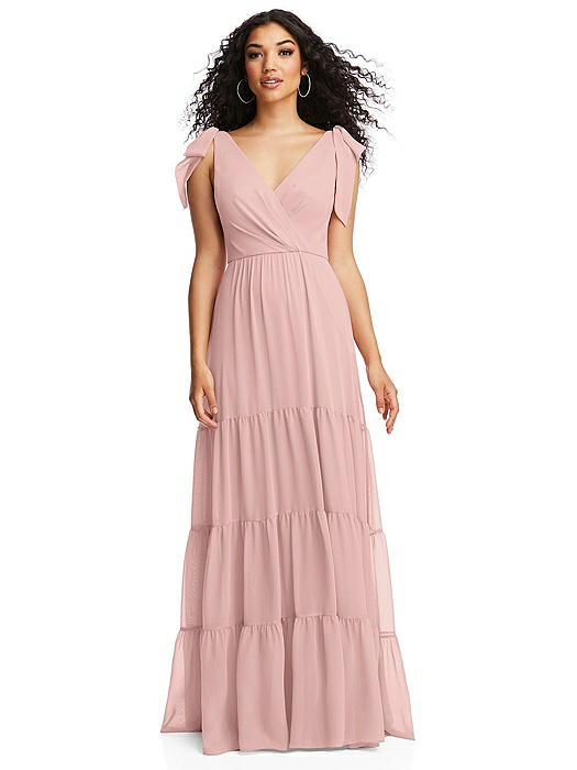 Bow-Shoulder Faux Wrap Maxi Dress with Tiered Skirt