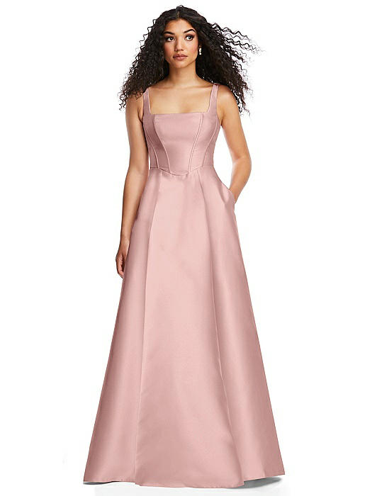 Boned Corset Closed-Back Satin Gown with Full Skirt and Pockets