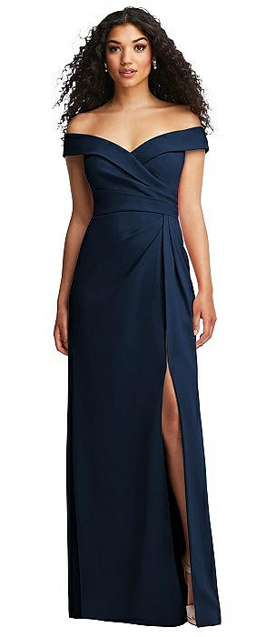 Cuffed Off-the-Shoulder Pleated Faux Wrap Maxi Dress