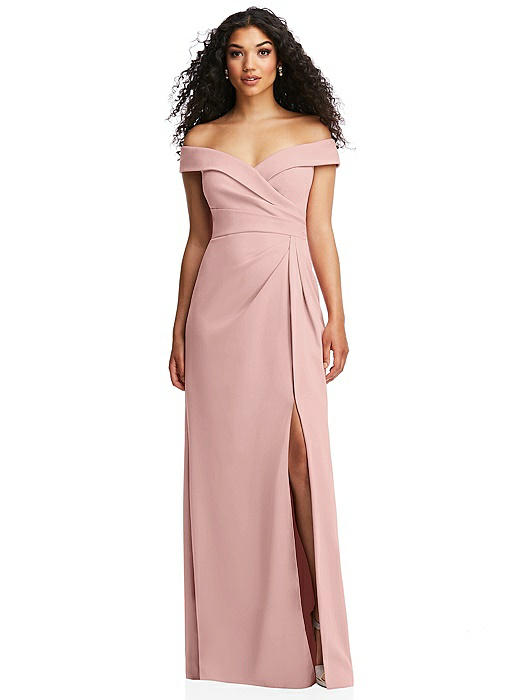 Cuffed Off-the-Shoulder Pleated Faux Wrap Maxi Dress