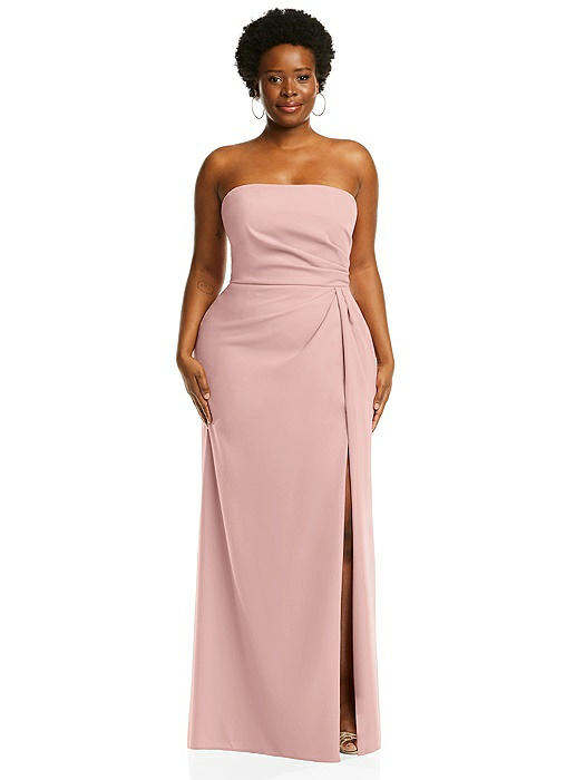 Strapless Pleated Faux Wrap Trumpet Gown with Front Slit