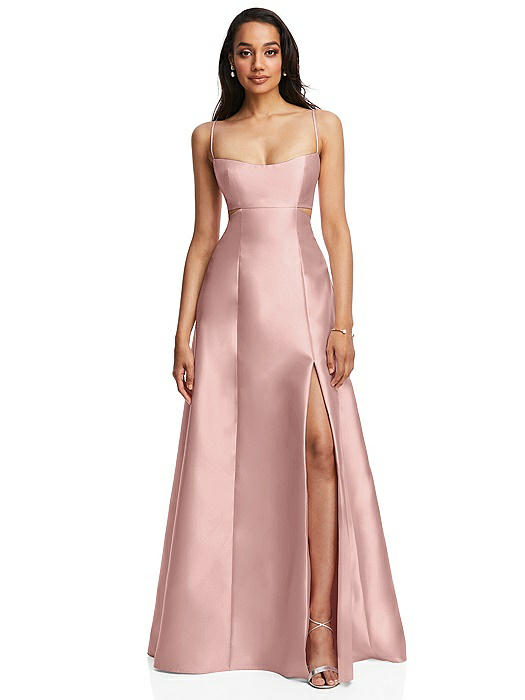 Open Neckline Cutout Satin Twill A-Line Gown with Pockets