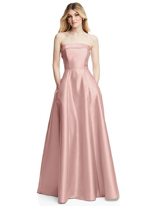 Strapless Bias Cuff Bodice Satin Gown with Pockets