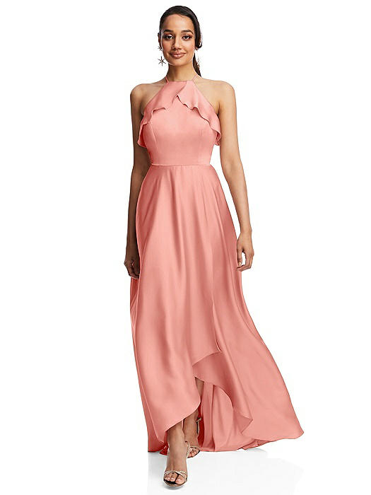Ruffle-Trimmed Bodice Halter Maxi Dress with Wrap Slit