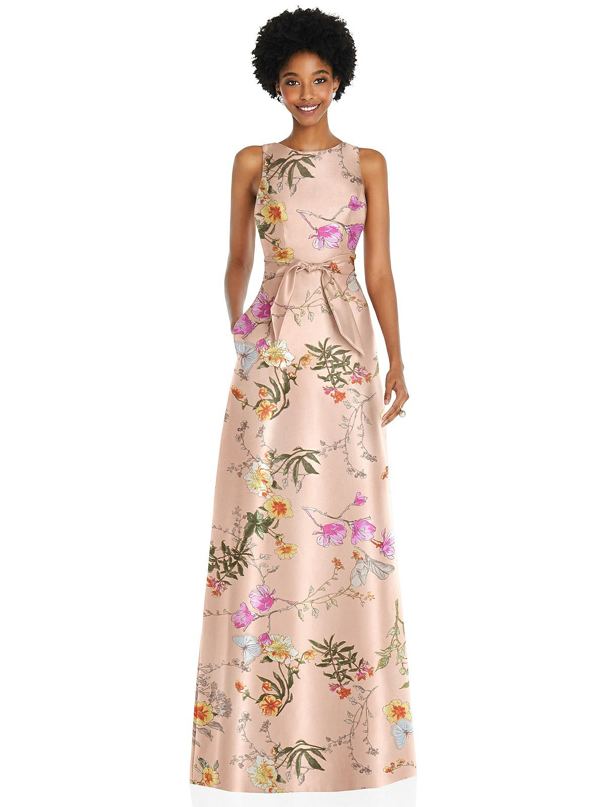 Jewel-Neck V-Back Floral Satin Maxi Dress with Mini Sash