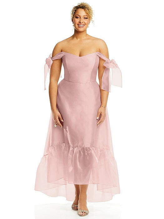 Convertible Deep Ruffle Hem High Low Organdy Dress with Scarf-Tie Straps