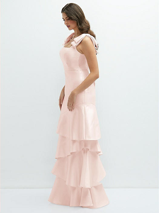 Bow-Shoulder Satin Maxi Dress with Asymmetrical Tiered Skirt