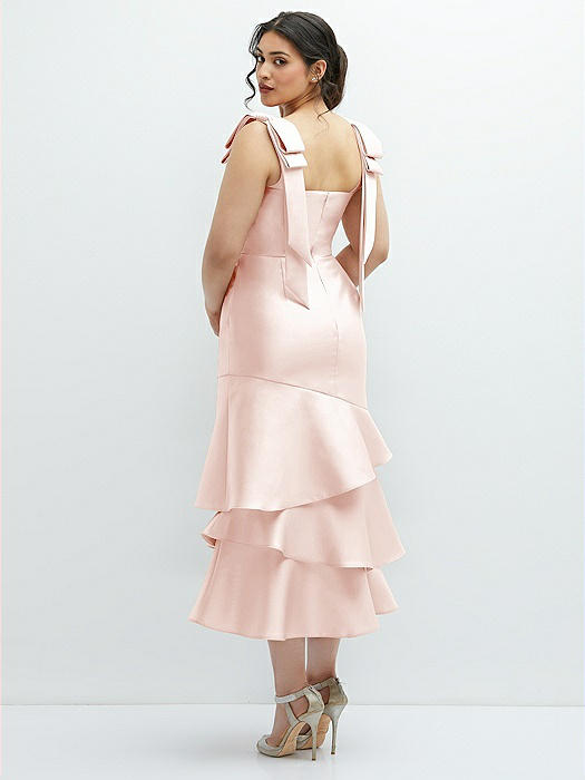 Bow-Shoulder Satin Midi Dress with Asymmetrical Tiered Skirt
