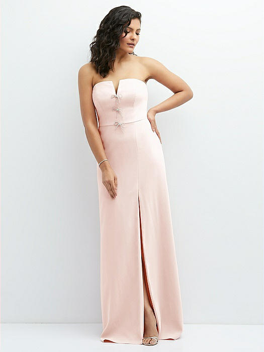 Strapless Notch-Neck Crepe A-line Dress with Rhinestone Piping Bows