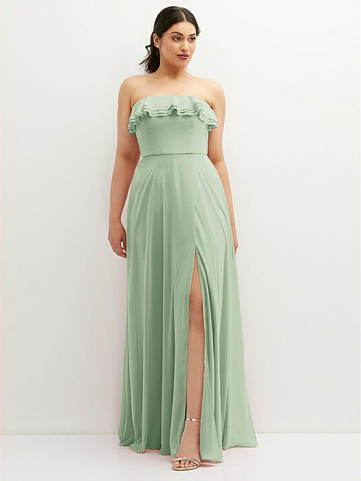 Tiered Ruffle Neck Strapless Maxi Dress with Front Slit