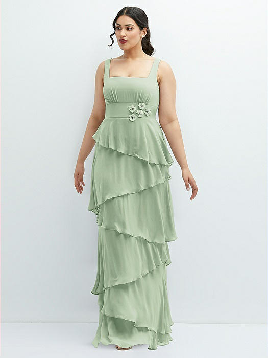 Asymmetrical Tiered Ruffle Chiffon Maxi Dress with Handworked Flowers Detail